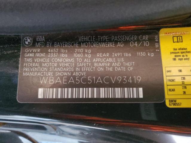 WBAEA5C51ACV93419 - 2010 BMW 650 I BLACK photo 12