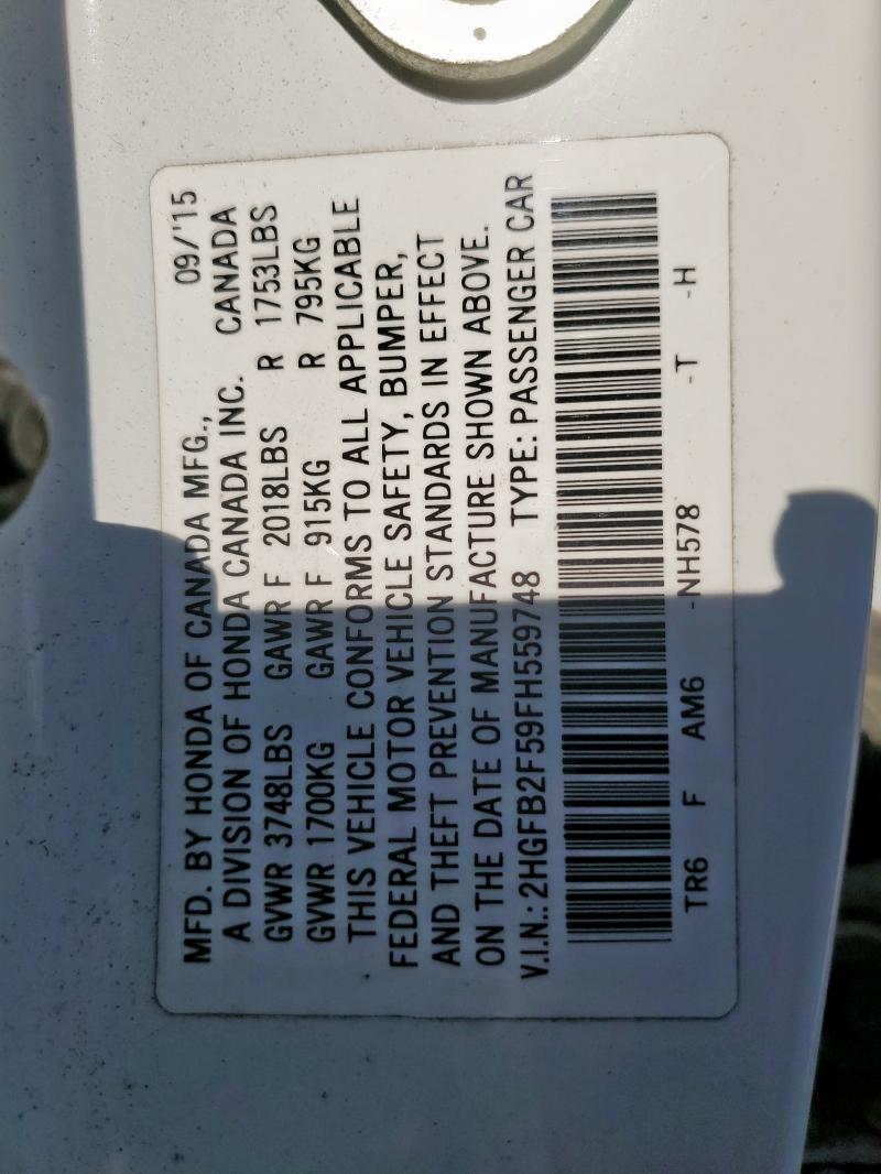 2HGFB2F59FH559748 - 2015 HONDA CIVIC LX თეთრი ფოტო 12