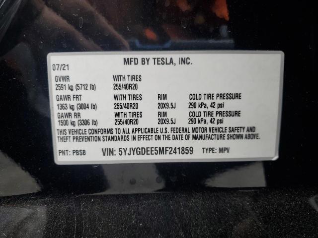 5YJYGDEE5MF241859 - 2021 TESLA MODEL Y 黑色 照片 12
