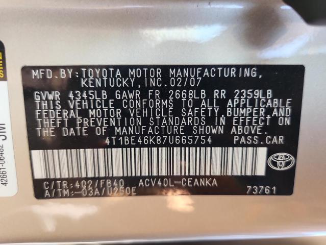 4T1BE46K87U665754 - 2007 TOYOTA CAMRY CE GOLD photo 12