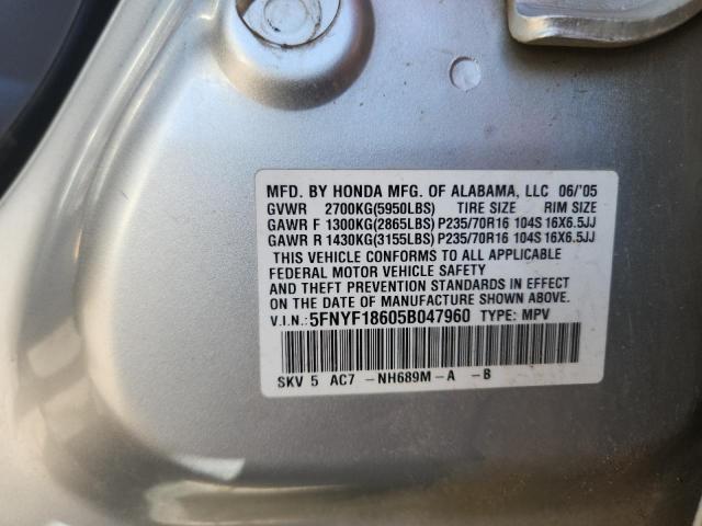 5FNYF18605B047960 - 2005 HONDA PILOT EXL SILVER photo 13