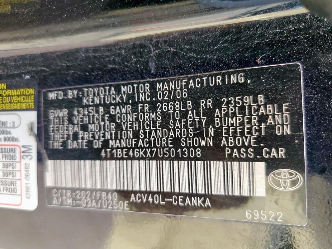 4T1BE46KX7U501308 - 2007 TOYOTA CAMRY CE შავი ფოტო 12