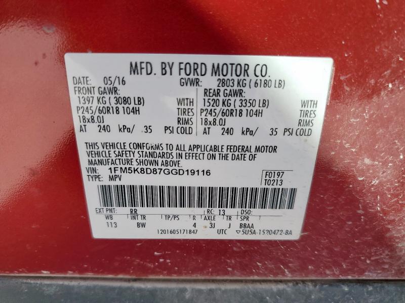 1FM5K8D87GGD19116 - 2016 FORD EXPLORER XLT Kırmızı fotoğraf 14