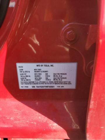 7SAYGDEF9NF560601 - 2022 TESLA MODEL Y RED photo 12