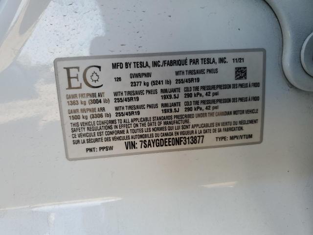 7SAYGDEE0NF313877 - 2022 TESLA MODEL Y Білий фото 12