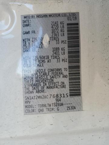 5N1AT2MV2KC768315 - 2019 NISSAN ROGUE S WHITE photo 13