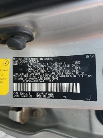JTEDP21A640003664 - 2004 TOYOTA HIGHLANDER BASE Silber Foto 13