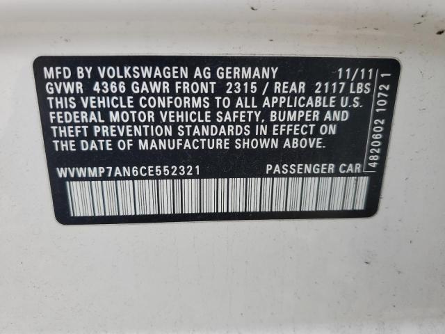 WVWMP7AN6CE552321 - 2012 VOLKSWAGEN CC SPORT 白色 照片 12
