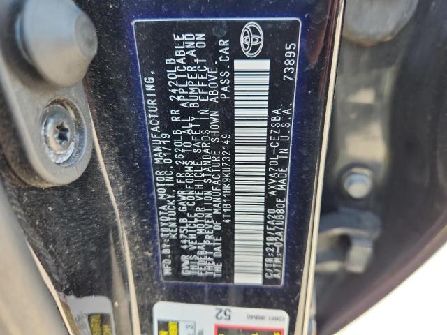 4T1B11HK9KU732149 - 2019 TOYOTA CAMRY L 黑色 照片 12