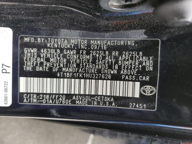 4T1BF1FK1HU327626 - 2017 TOYOTA CAMRY LE BLACK photo 12