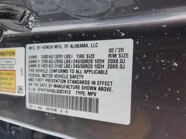 5FNYF8H56LB007413 - 2020 HONDA PASSPORT EXL GRAY photo 13