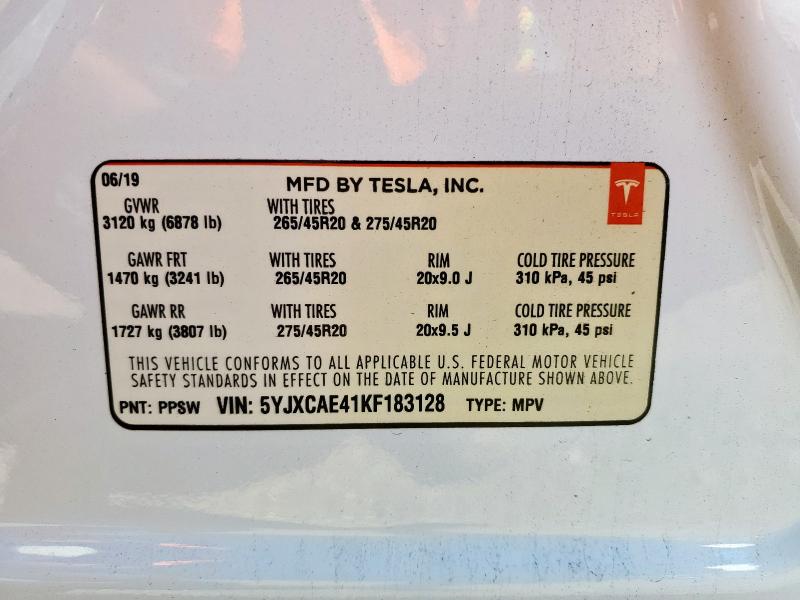 5YJXCAE41KF183128 - 2019 TESLA MODEL X Biały zdjęcie 13