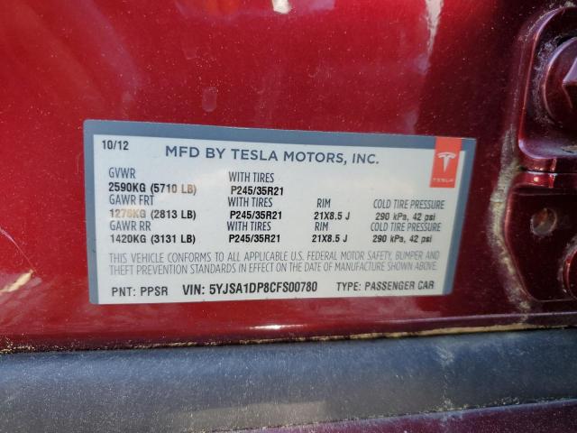 5YJSA1DP8CFS00780 - 2012 TESLA MODEL S Czerwony zdjęcie 12