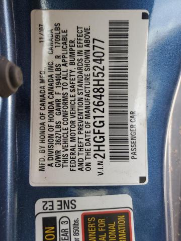 2HGFG12648H524077 - 2008 HONDA CIVIC LX BLUE photo 12