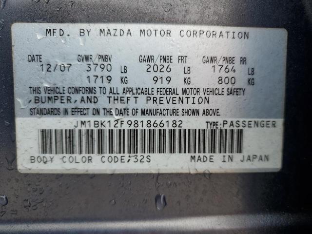 JM1BK12F981866182 - 2008 MAZDA 3 I GRAY photo 12