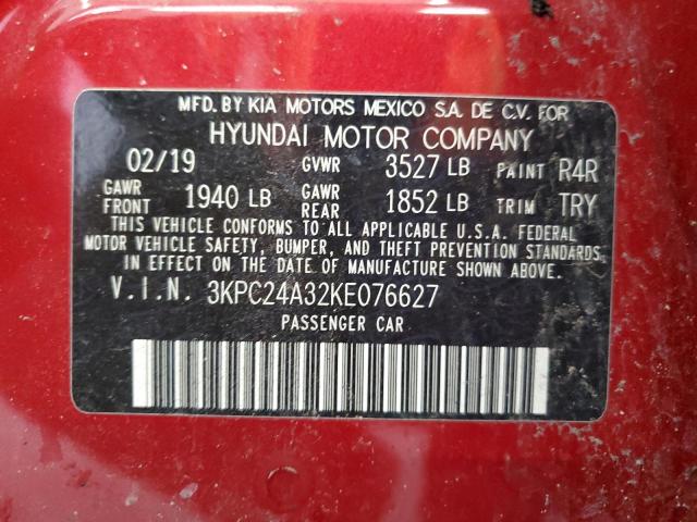 3KPC24A32KE076627 - 2019 HYUNDAI ACCENT SE Қызыл фото 12