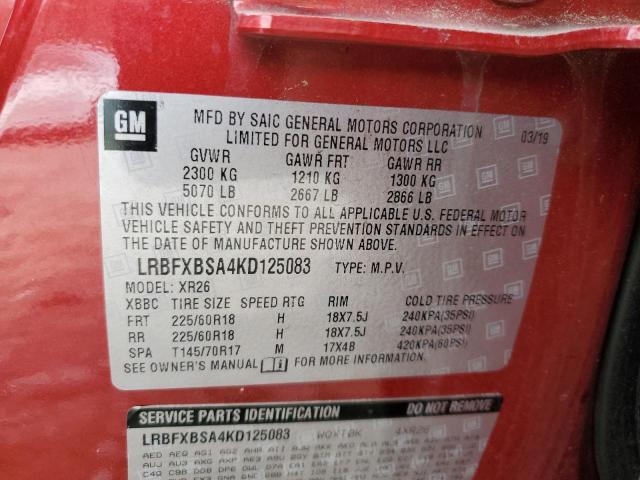 LRBFXBSA4KD125083 - 2019 BUICK ENVISION PREFERRED წითელი ფოტო 13