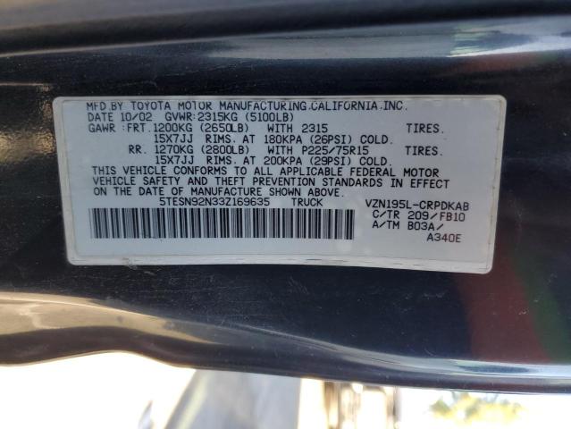 5TESN92N33Z169635 - 2003 TOYOTA TACOMA XTRACAB PRERUNNER შავი ფოტო 12