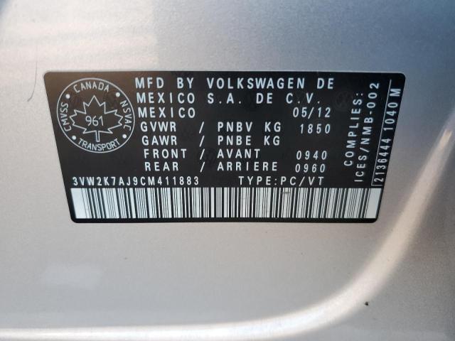 3VW2K7AJ9CM411883 - 2012 VOLKSWAGEN JETTA BASE SILVER photo 12