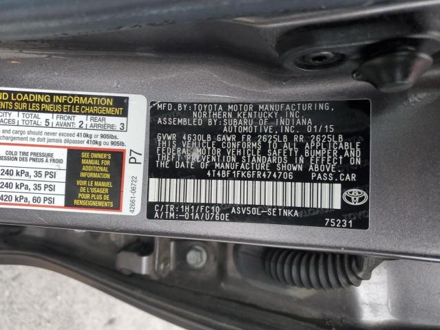 4T4BF1FK6FR474706 - 2015 TOYOTA CAMRY LE GRAY photo 12