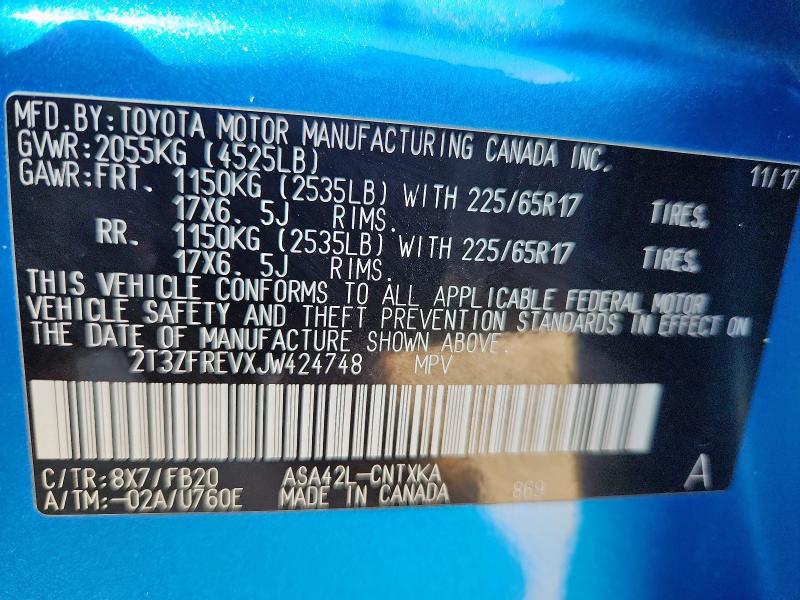 2T3ZFREVXJW424748 - 2018 TOYOTA RAV4 LE BLUE photo 14