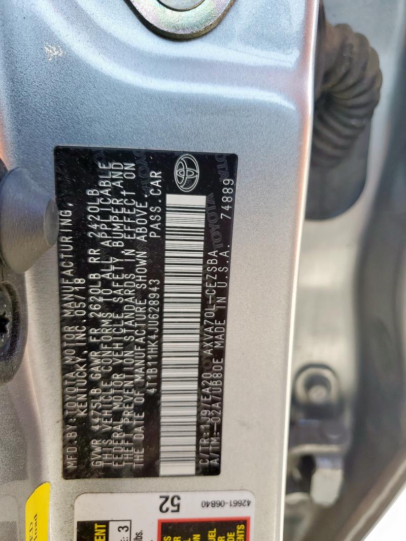 4T1B11HK4JU628943 - 2018 TOYOTA CAMRY L SILVER photo 12