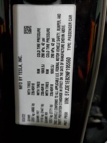 5YJ3E1EB2NF195560 - 2022 TESLA MODEL 3 Siyah fotoğraf 14