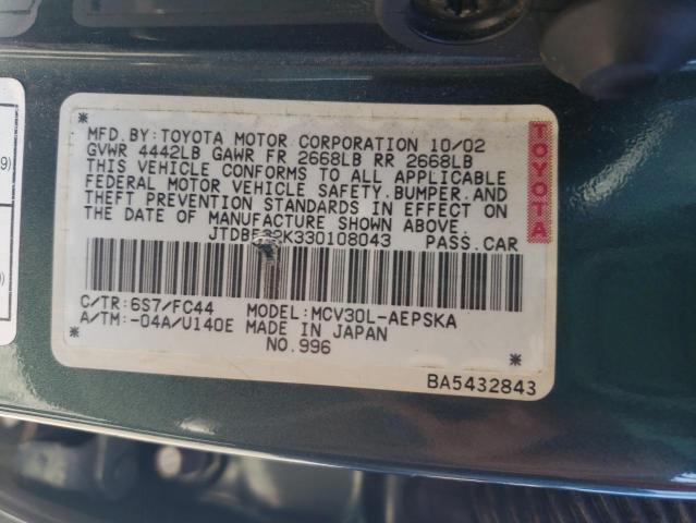 JTDBF32K330108043 - 2003 TOYOTA CAMRY LE GREEN photo 12