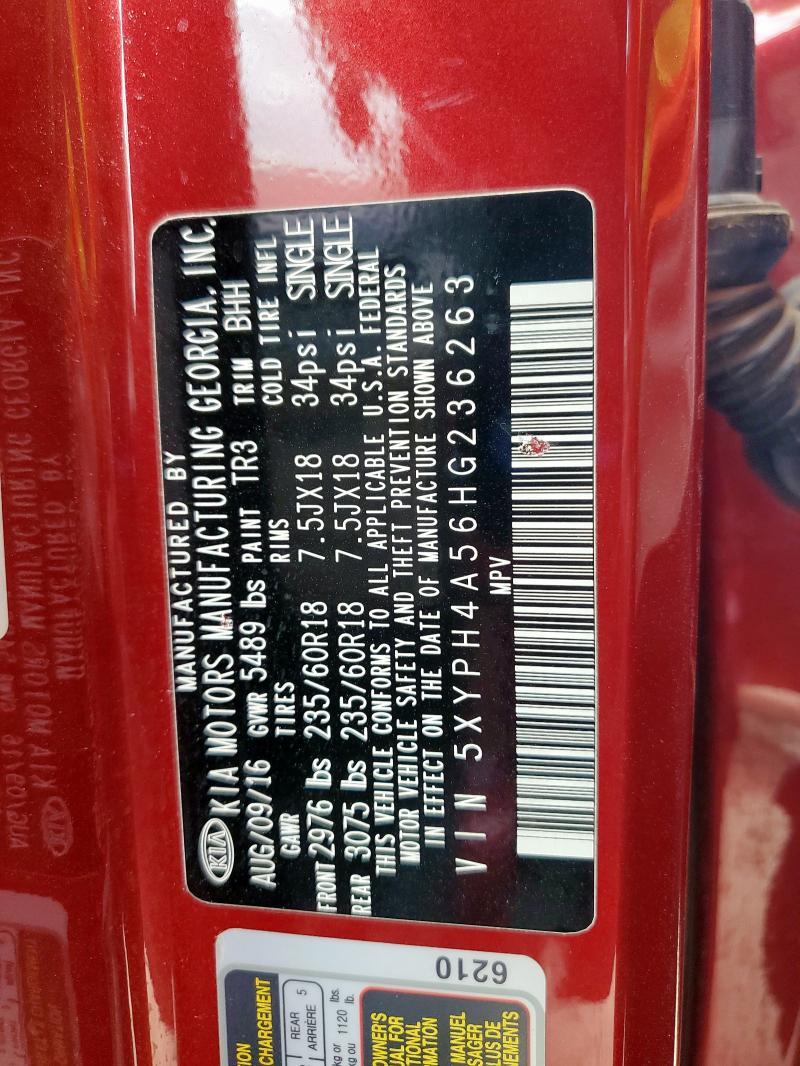 5XYPH4A56HG236263 - 2017 KIA SORENTO EX წითელი ფოტო 13