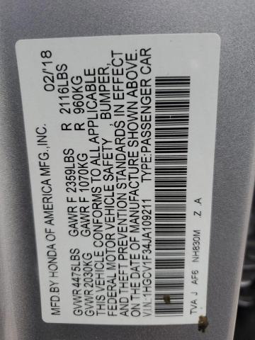 1HGCV1F34JA109211 - 2018 HONDA ACCORD SPORT ვერცხლისფერი ფოტო 13