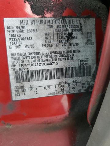 1FMYU041X1KB40715 - 2001 FORD ESCAPE XLT 红色 照片 13