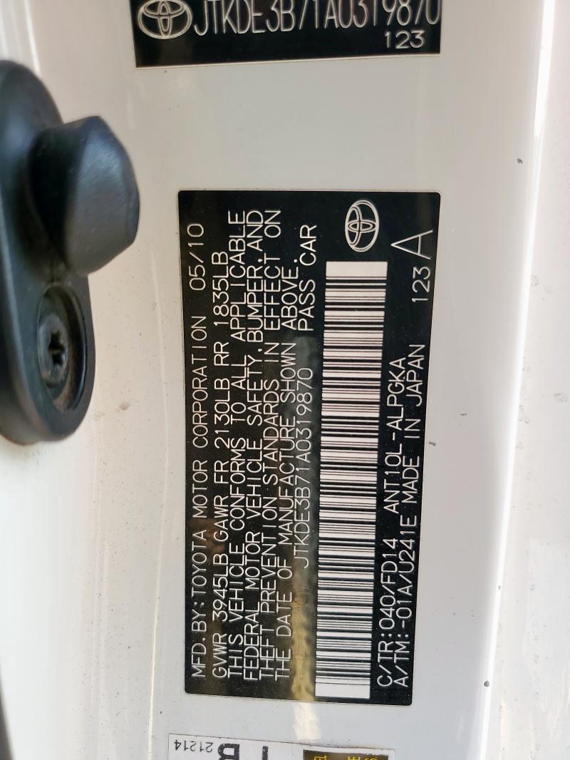 JTKDE3B71A0319870 - 2010 TOYOTA SCION TC WHITE photo 12