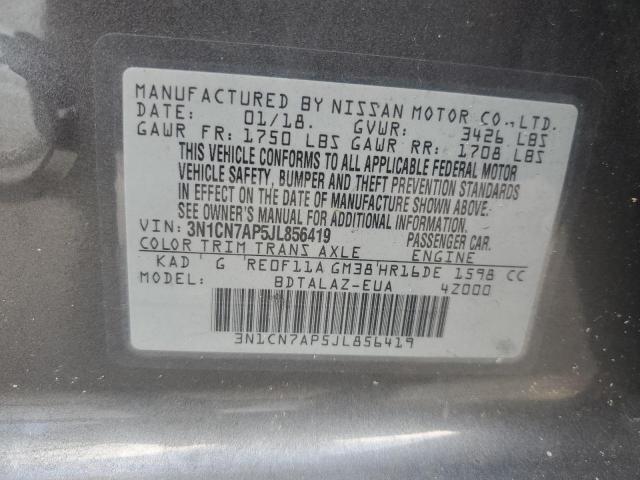 3N1CN7AP5JL856419 - 2018 NISSAN VERSA S GRAY photo 12