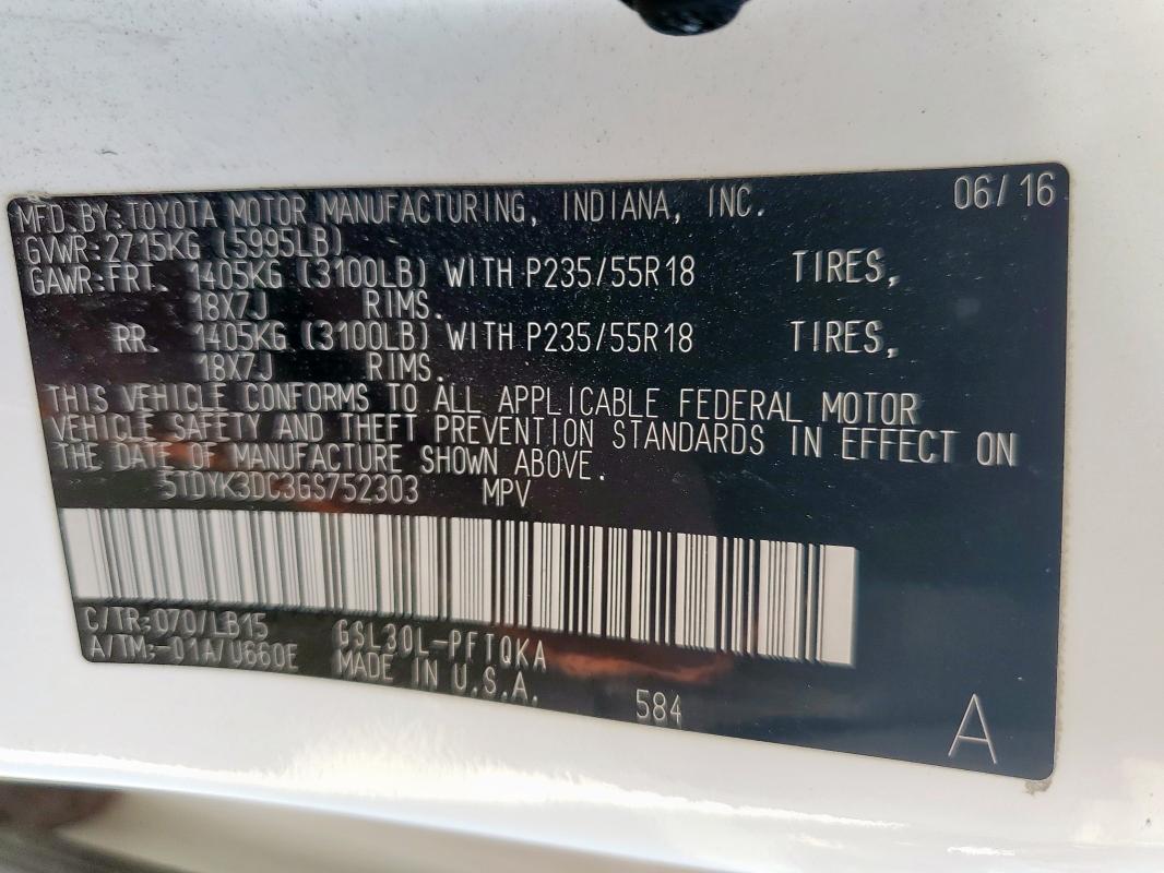 5TDYK3DC3GS752303 - 2016 TOYOTA SIENNA XLE თეთრი ფოტო 14