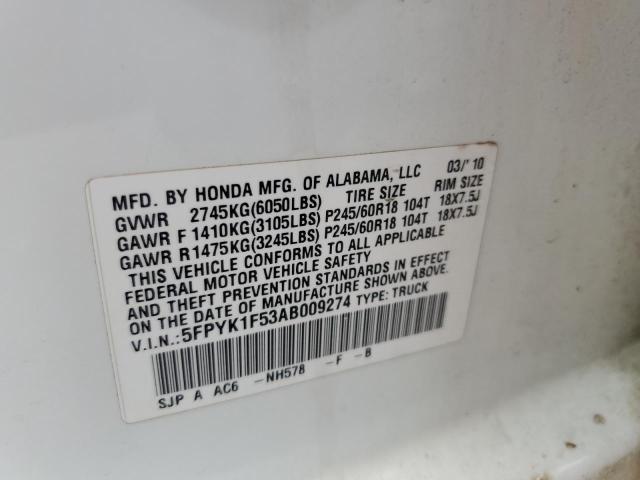 5FPYK1F53AB009274 - 2010 HONDA RIDGELINE RTL Beyaz fotoğraf 12
