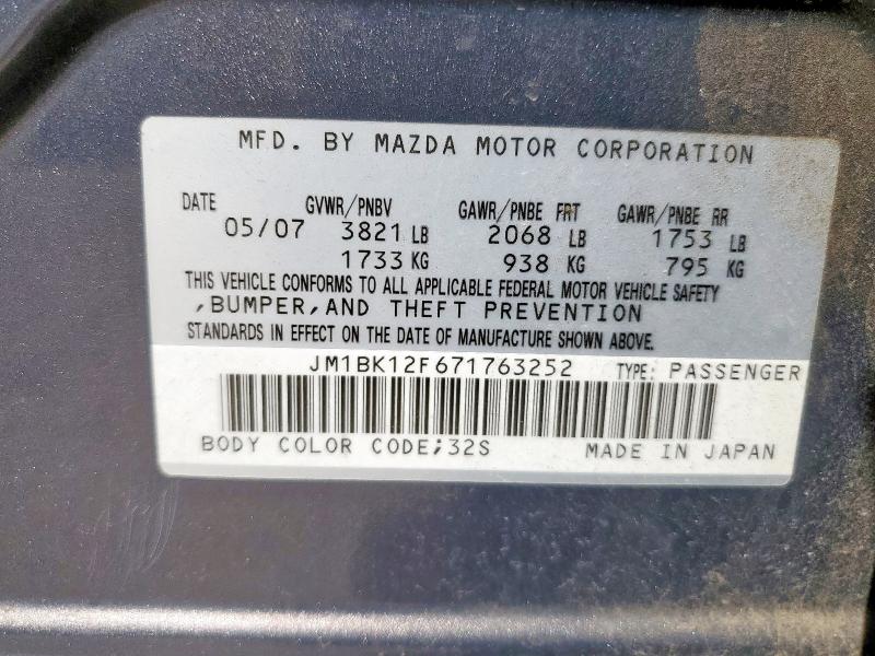 JM1BK12F671763252 - 2007 MAZDA 3 I Graphit Foto 13