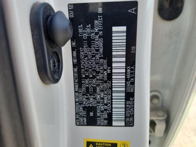 5TDZK3EH8CS071952 - 2012 TOYOTA HIGHLANDER BASE Սպիտակ լուսանկար 13