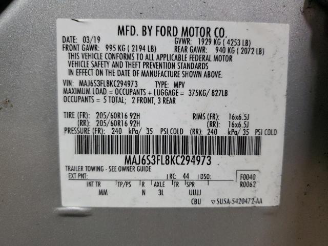 MAJ6S3FL8KC294973 - 2019 FORD ECOSPORT S Silber Foto 12