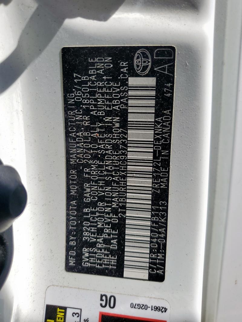 2T1BURHEXHC937327 - 2017 TOYOTA COROLLA L WHITE photo 13