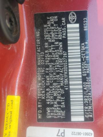 4T1BK1FK0DU527287 - 2013 TOYOTA CAMRY SE 红色 照片 12