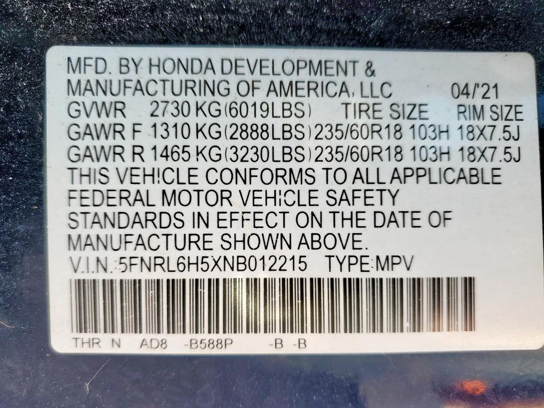 5FNRL6H5XNB012215 - 2022 HONDA ODYSSEY EX BLUE photo 13