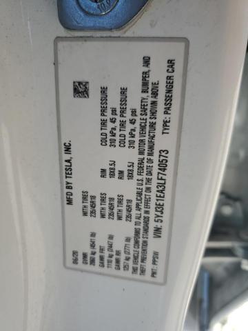 5YJ3E1EA3LF740573 - 2020 TESLA MODEL 3 WHITE photo 12