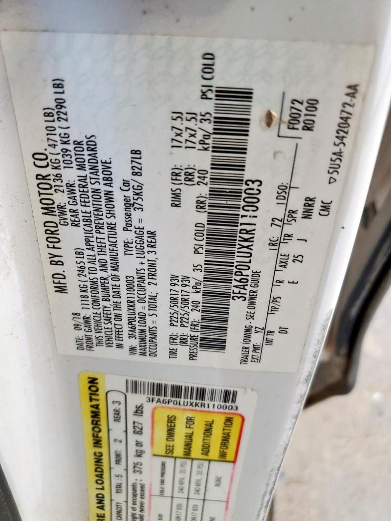 3FA6P0LUXKR110003 - 2019 FORD FUSION SE Սպիտակ լուսանկար 13