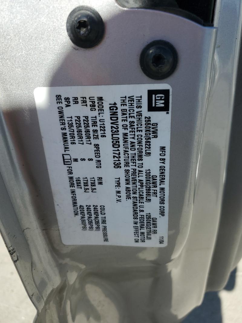 1GNDV23L05D172136 - 2005 CHEVROLET UPLANDER LS SILVER photo 13