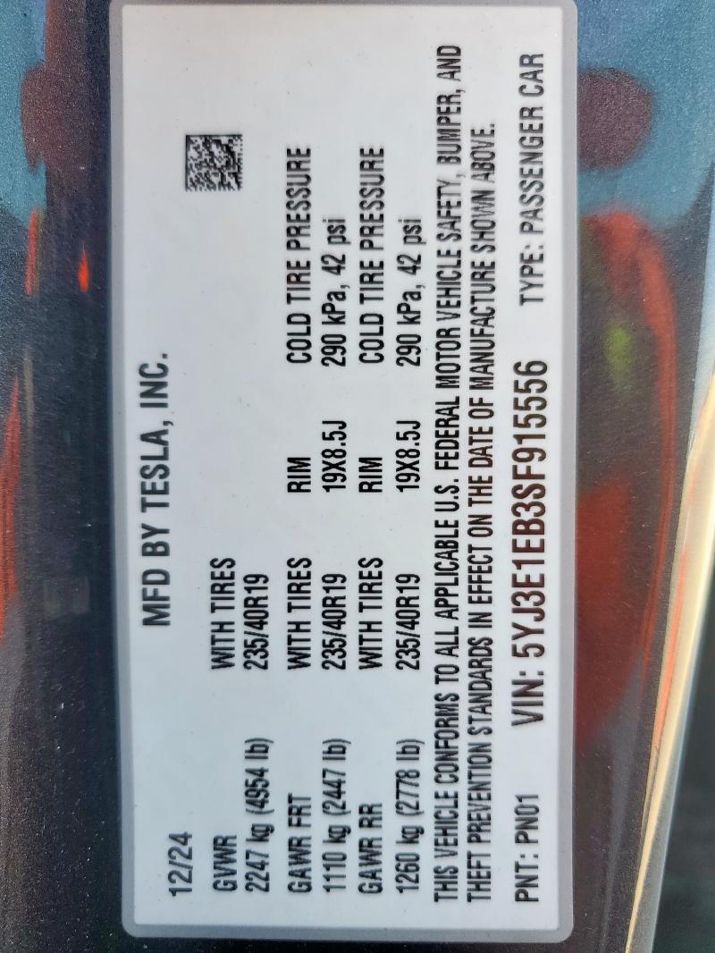 5YJ3E1EB3SF915556 - 2025 TESLA MODEL 3 GRAY photo 12