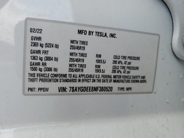 7SAYGDEE8NF380520 - 2022 TESLA MODEL Y 白色 照片 12