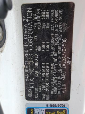 KNDJT2A25A7702508 - 2010 KIA SOUL + WHITE photo 12