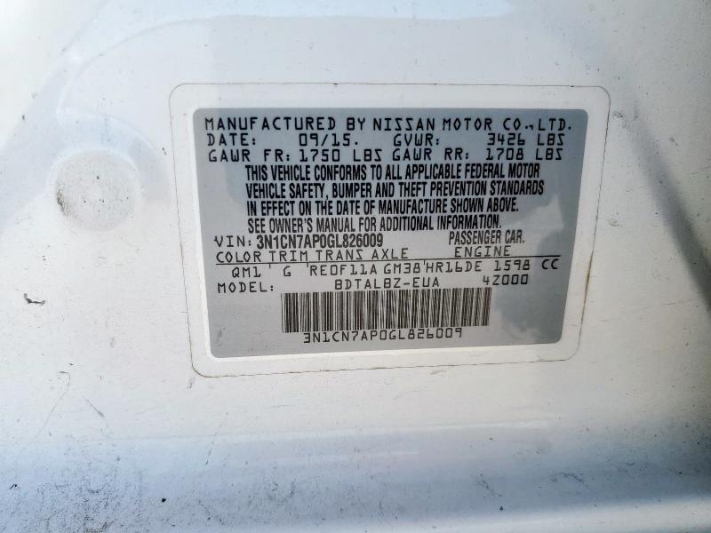 3N1CN7AP0GL826009 - 2016 NISSAN VERSA S თეთრი ფოტო 12