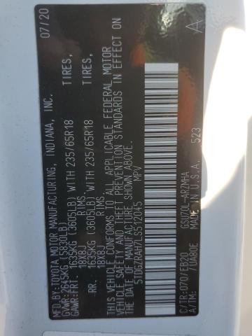 5TDGZRAH7LS512045 - 2020 TOYOTA HIGHLANDER XLE WHITE photo 13