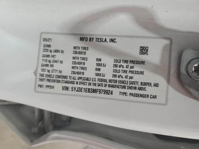 5YJ3E1EB3MF979924 - 2021 TESLA MODEL 3 WHITE photo 12